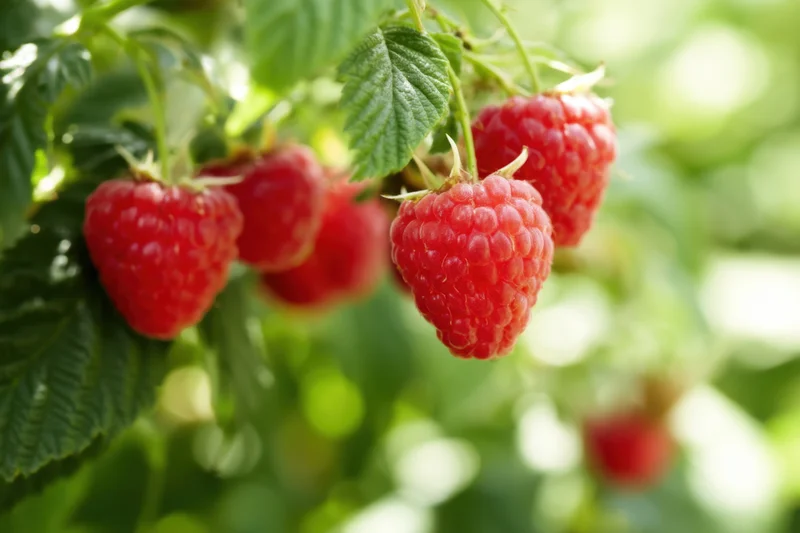 Ripe red raspberries hanging from green stems in sunlight