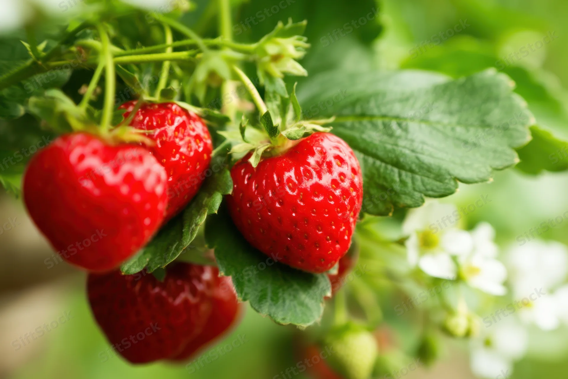 Ripe red strawberries hanging from green leafy vines in a garden