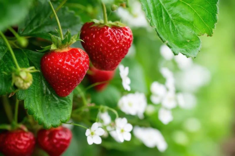 Ripe red strawberries hanging from green leaves with white flowers in a garden