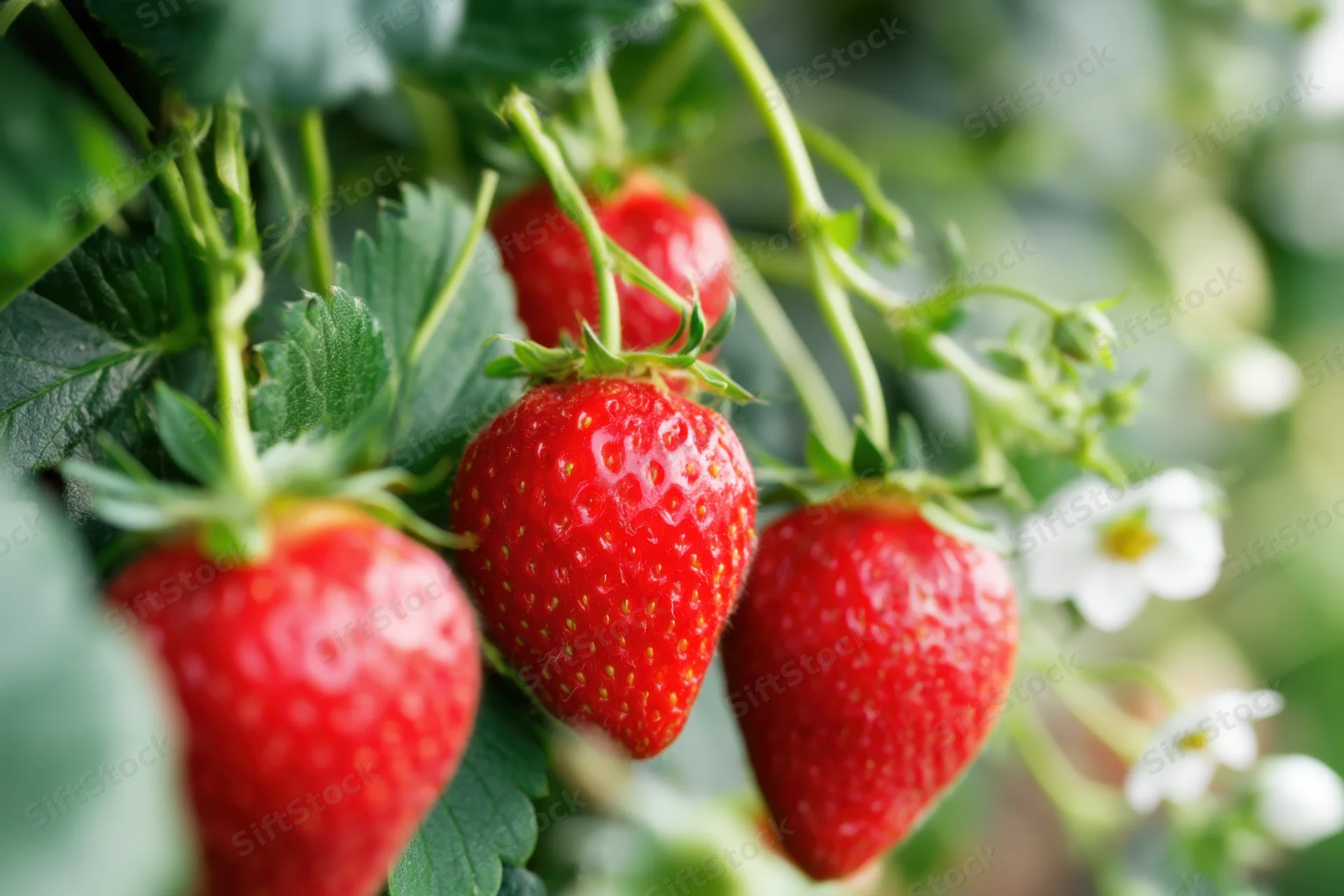 Ripe red strawberries hanging from green vines in a garden with white blossoms nearby
