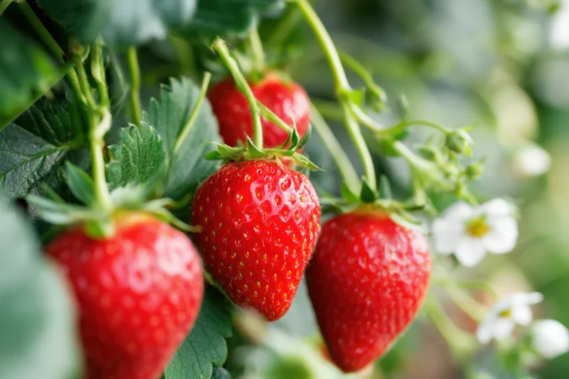 Ripe red strawberries hanging from green vines in a garden with white blossoms nearby