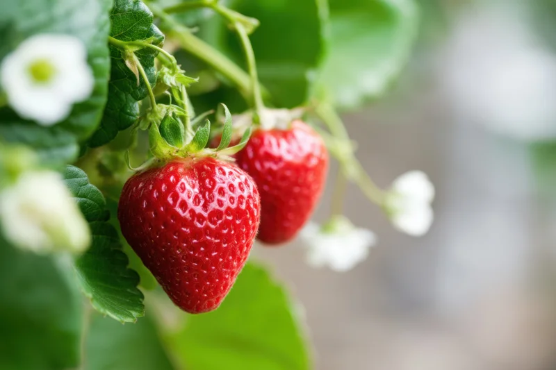 Ripe red strawberries hanging from green leaves in a garden