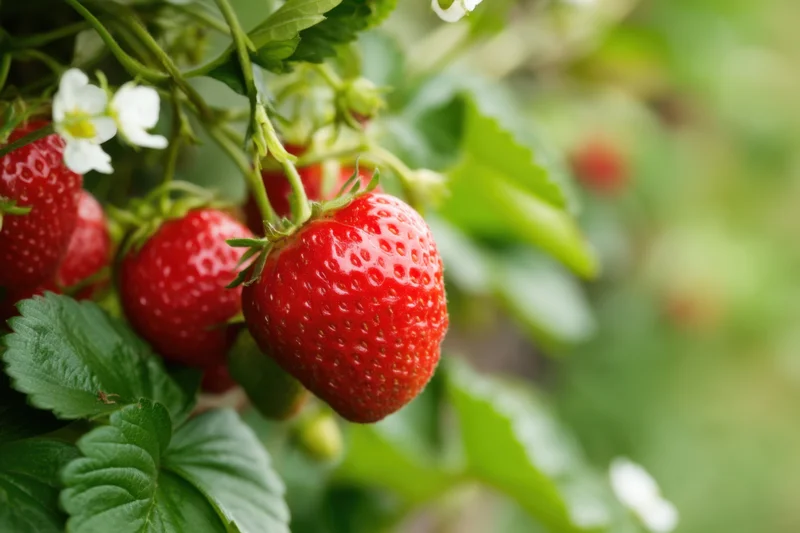 Ripe red strawberries hanging from green leafy vines in a garden