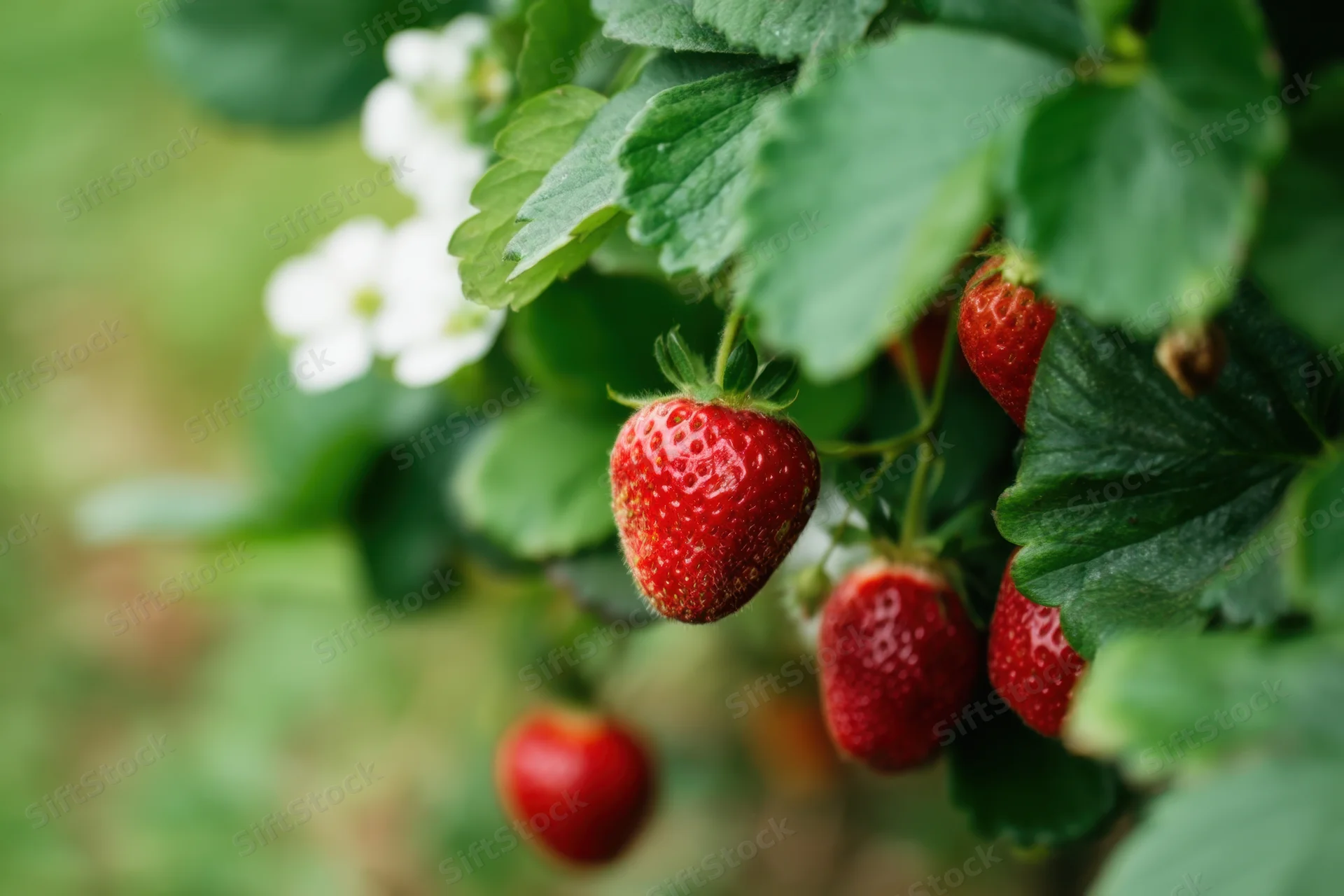 Ripe red strawberries hanging from green leafy vines in a garden