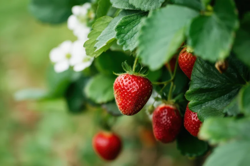 Ripe red strawberries hanging from green leafy vines in a garden