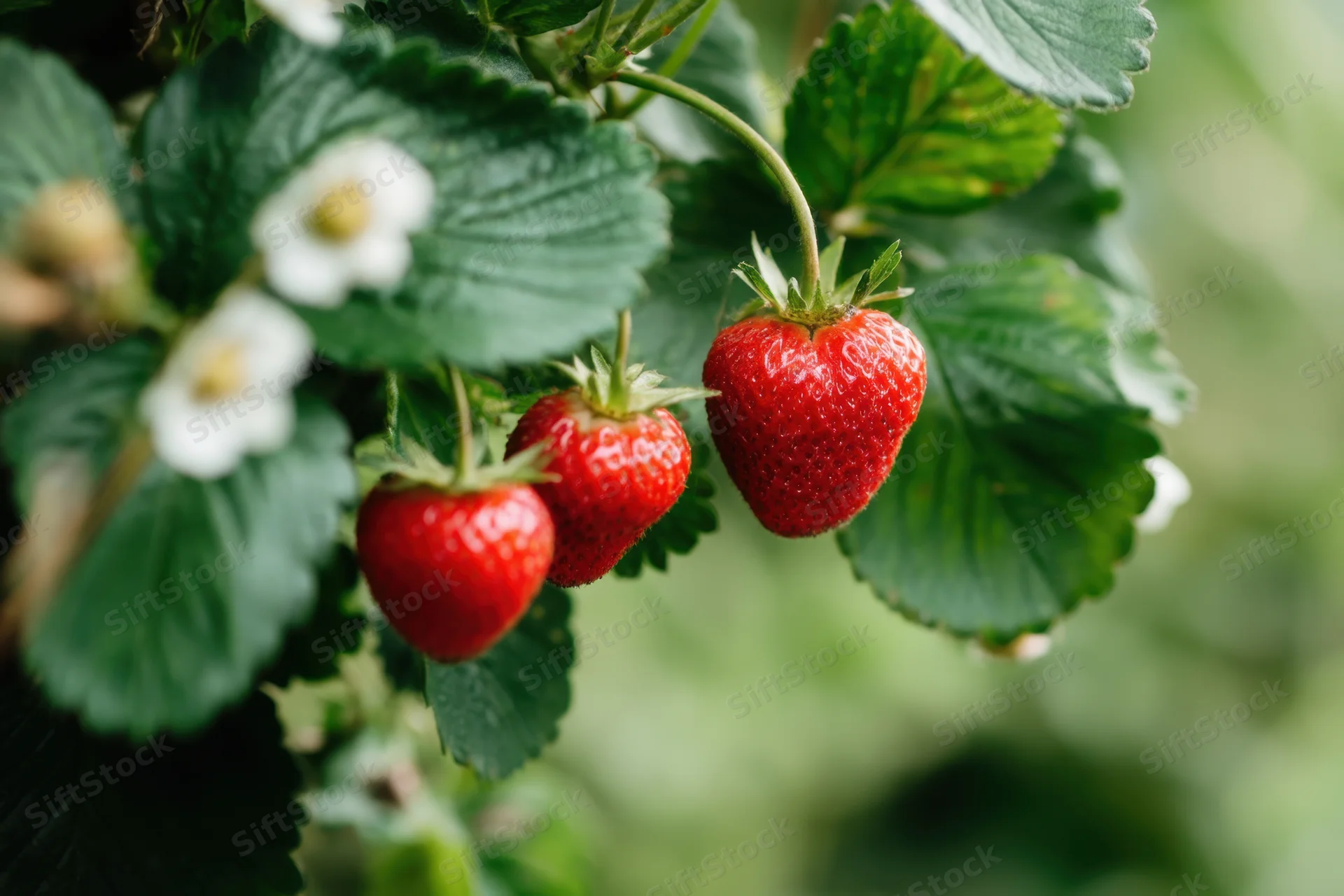 Ripe red strawberries hanging from green leaves in a garden