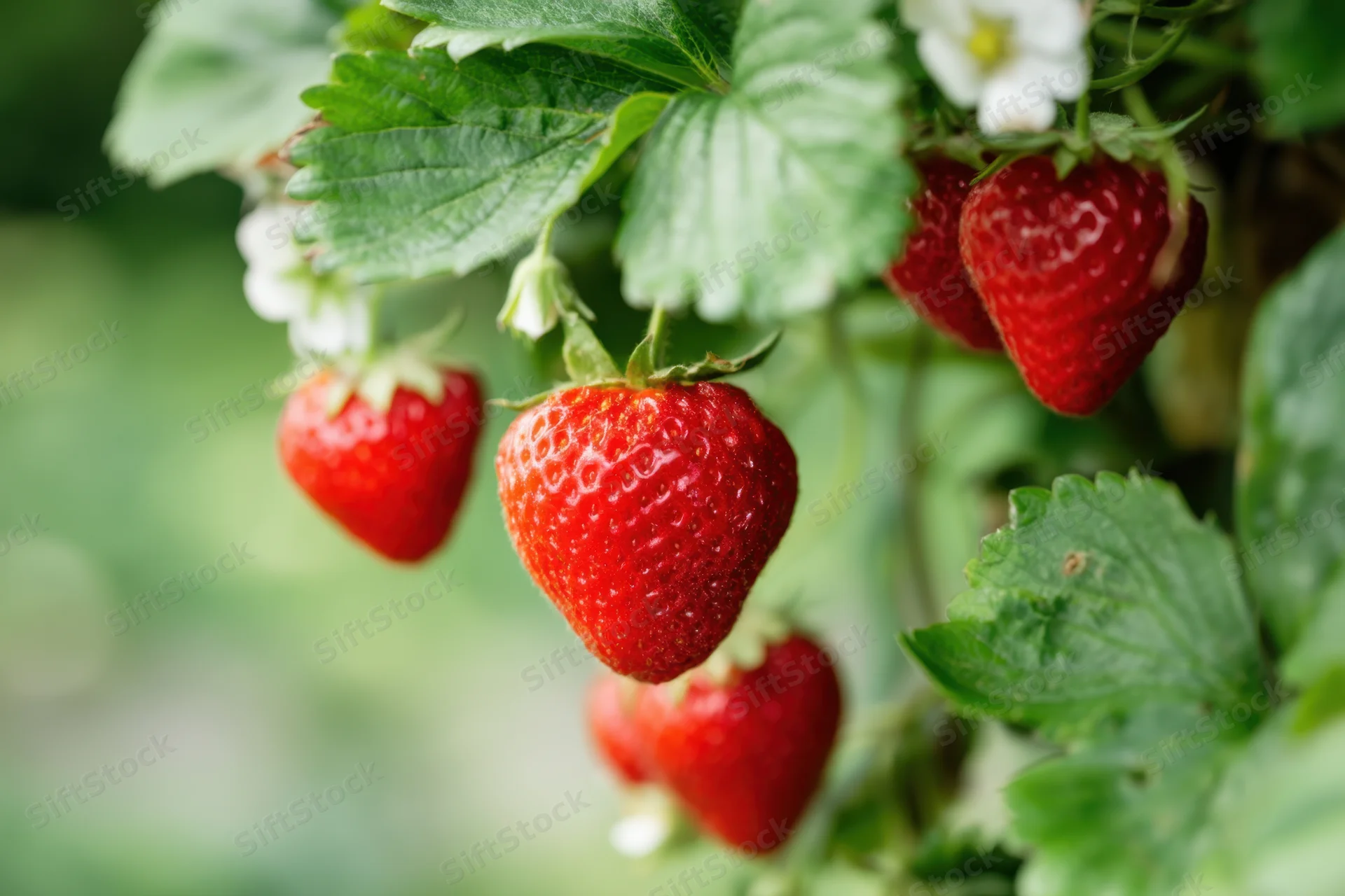 Ripe red strawberries hanging from green leaves in a garden