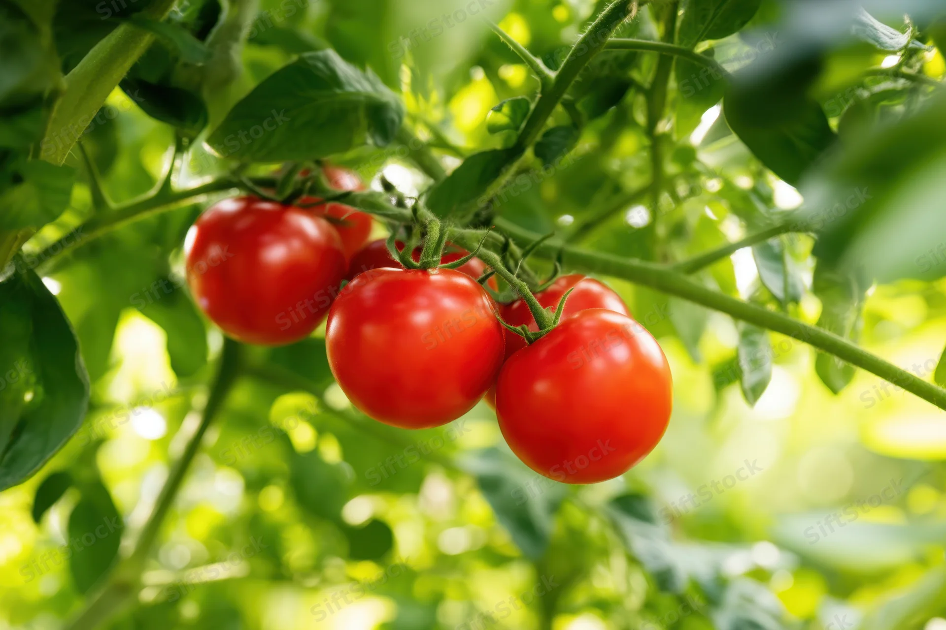 Ripe red tomatoes hanging on a green vine in a garden