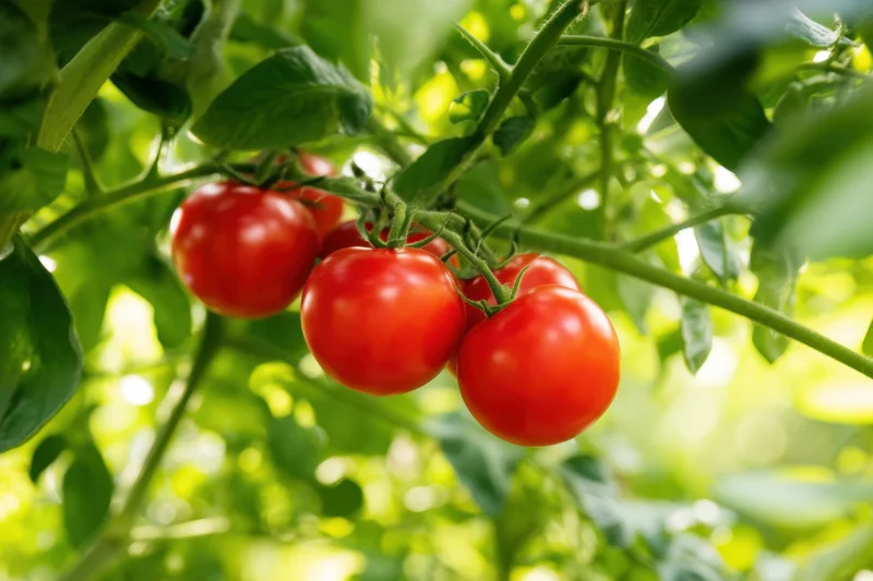 Ripe red tomatoes hanging on a green vine in a garden