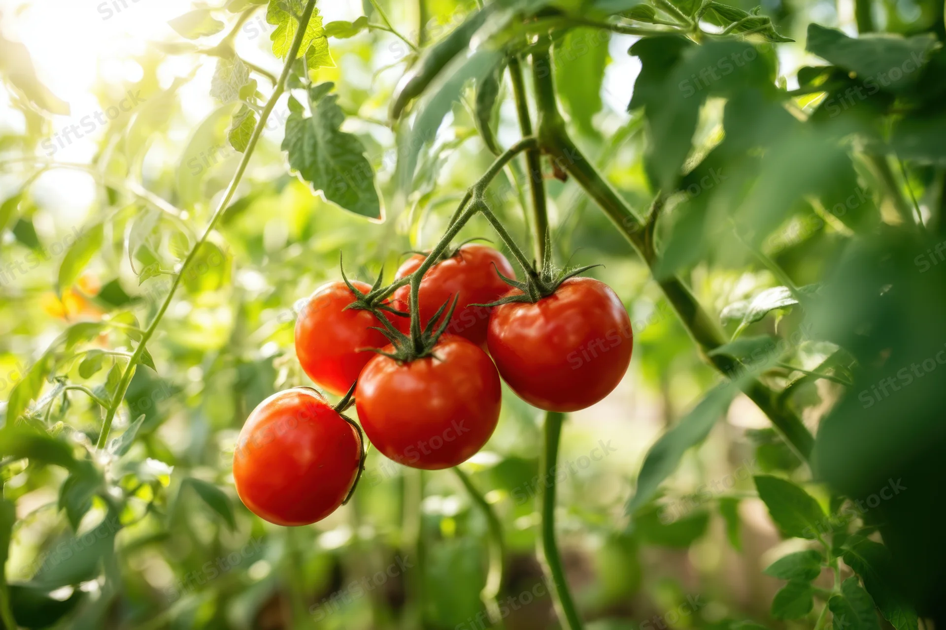 Ripe red tomatoes hanging in a cluster on a green vine in a garden