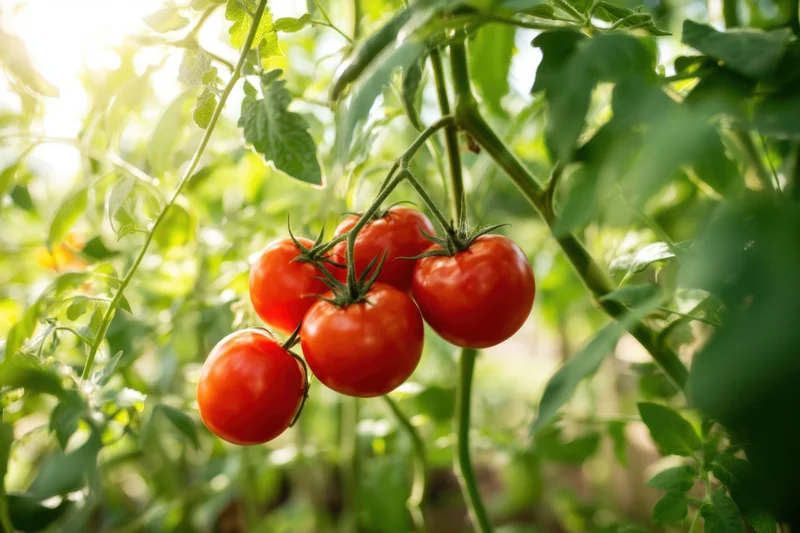 Vibrant red tomatoes on a lush green vine lit by sun