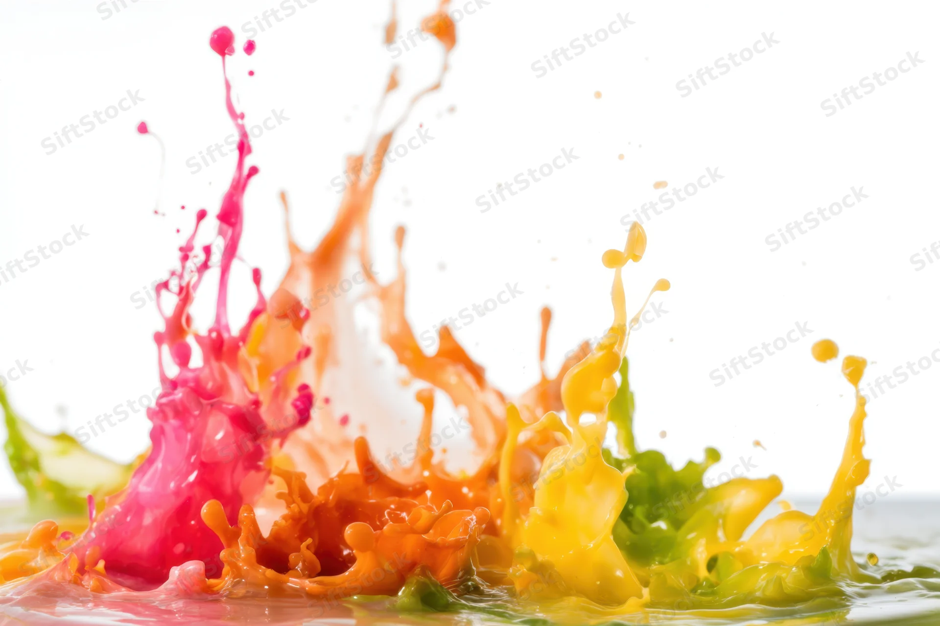 Vibrant splashes of colored liquids in motion against white background
