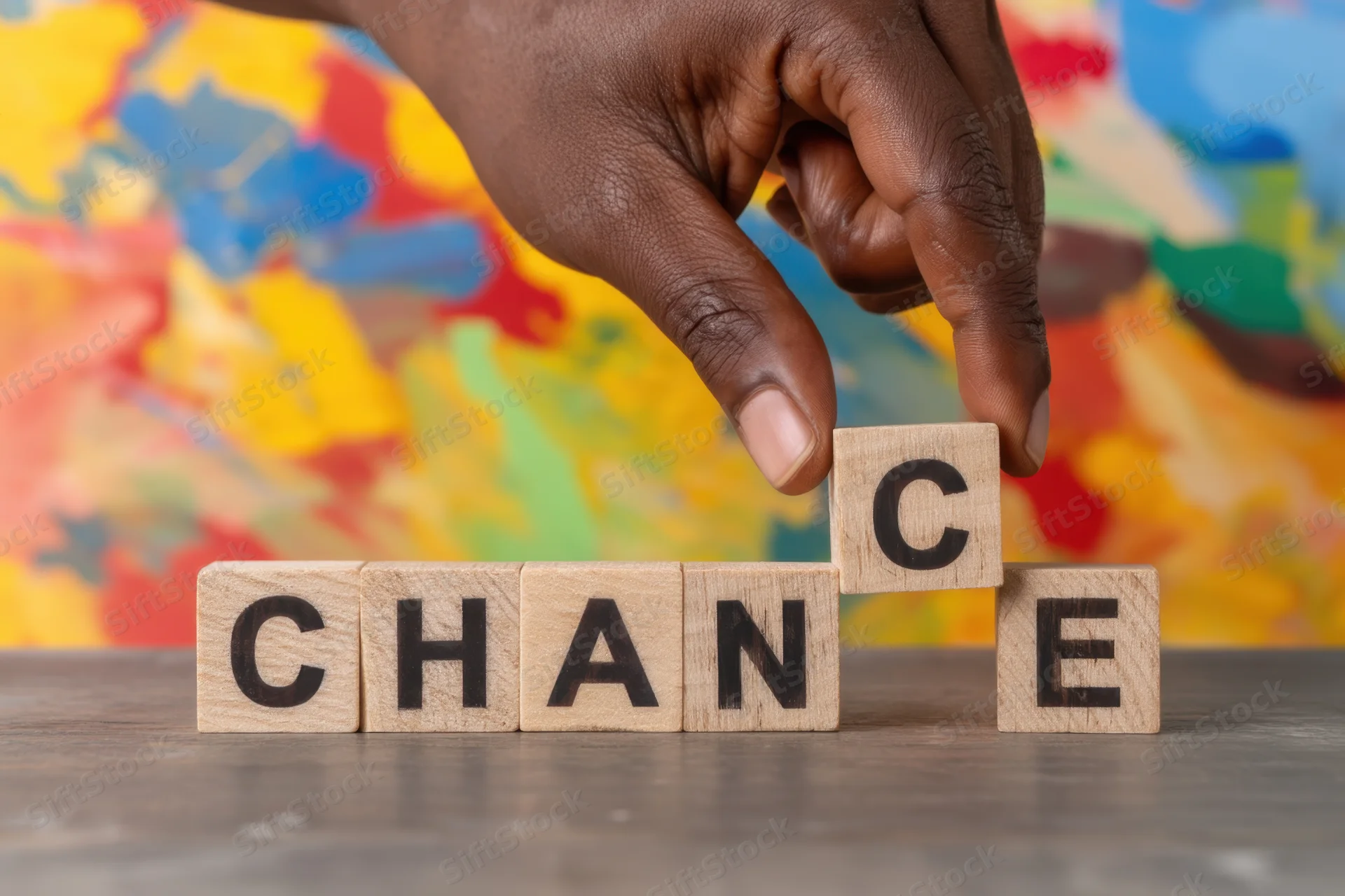 Hand repositioning wooden letter blocks spelling chance on a table with colorful abstract background