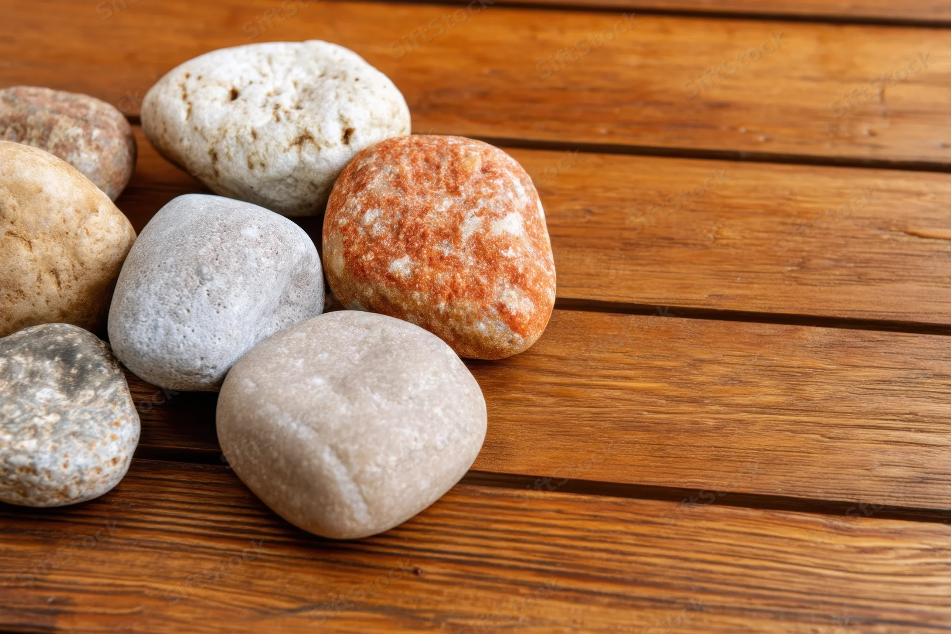 Smooth rounded stones arranged on a warm wooden surface with visible grain and copyspace