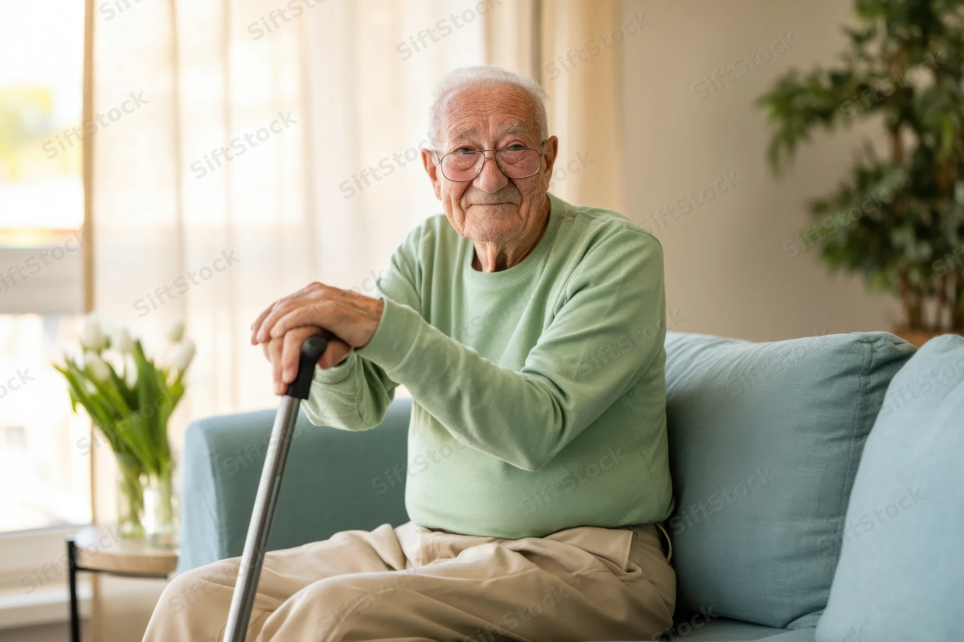 Elderly man sitting on sofa holding cane, smiling, in living room with flowers and window light