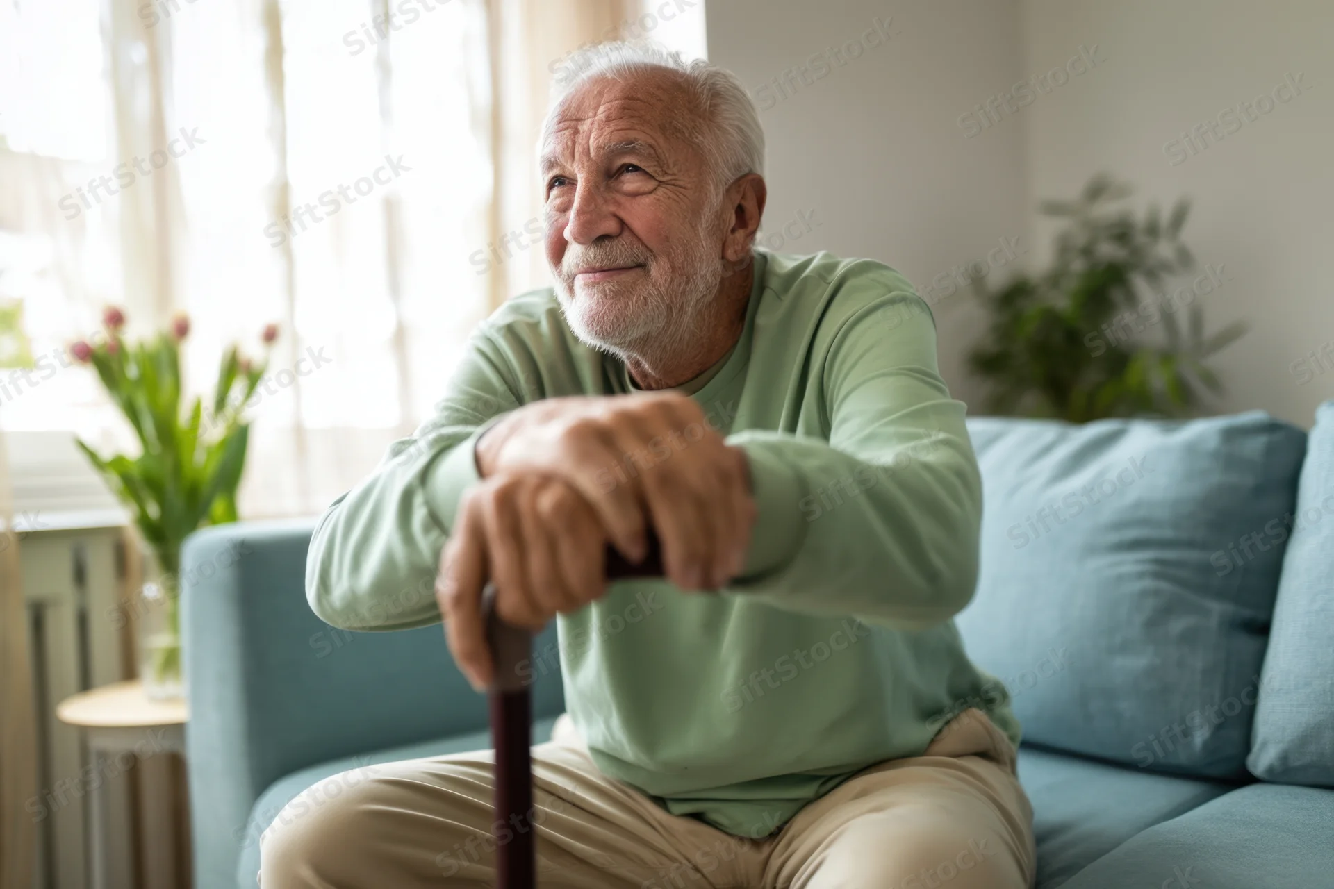 Elderly man smiling while sitting on a sofa holding a cane in a bright living room