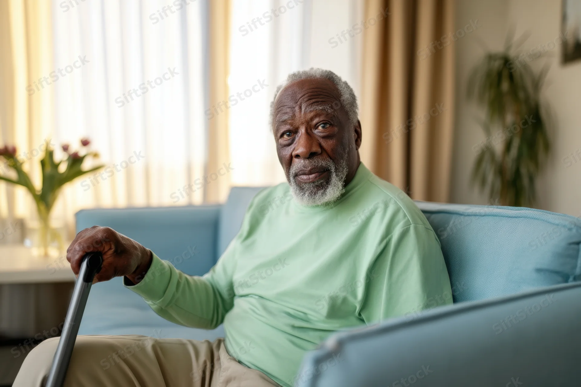 Elderly black man sitting on sofa holding cane in living room