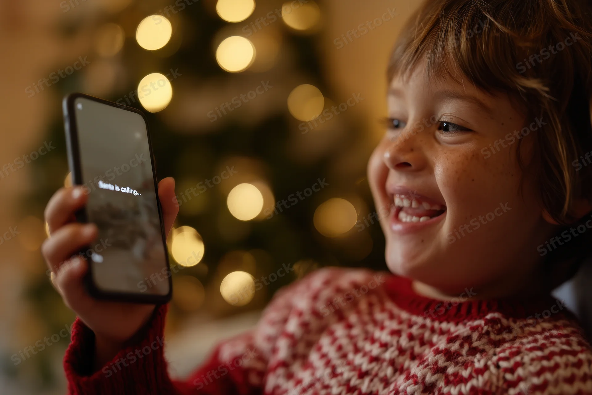 Young boy smiling while holding smartphone showing santa is calling message in front of christmas tree with lights