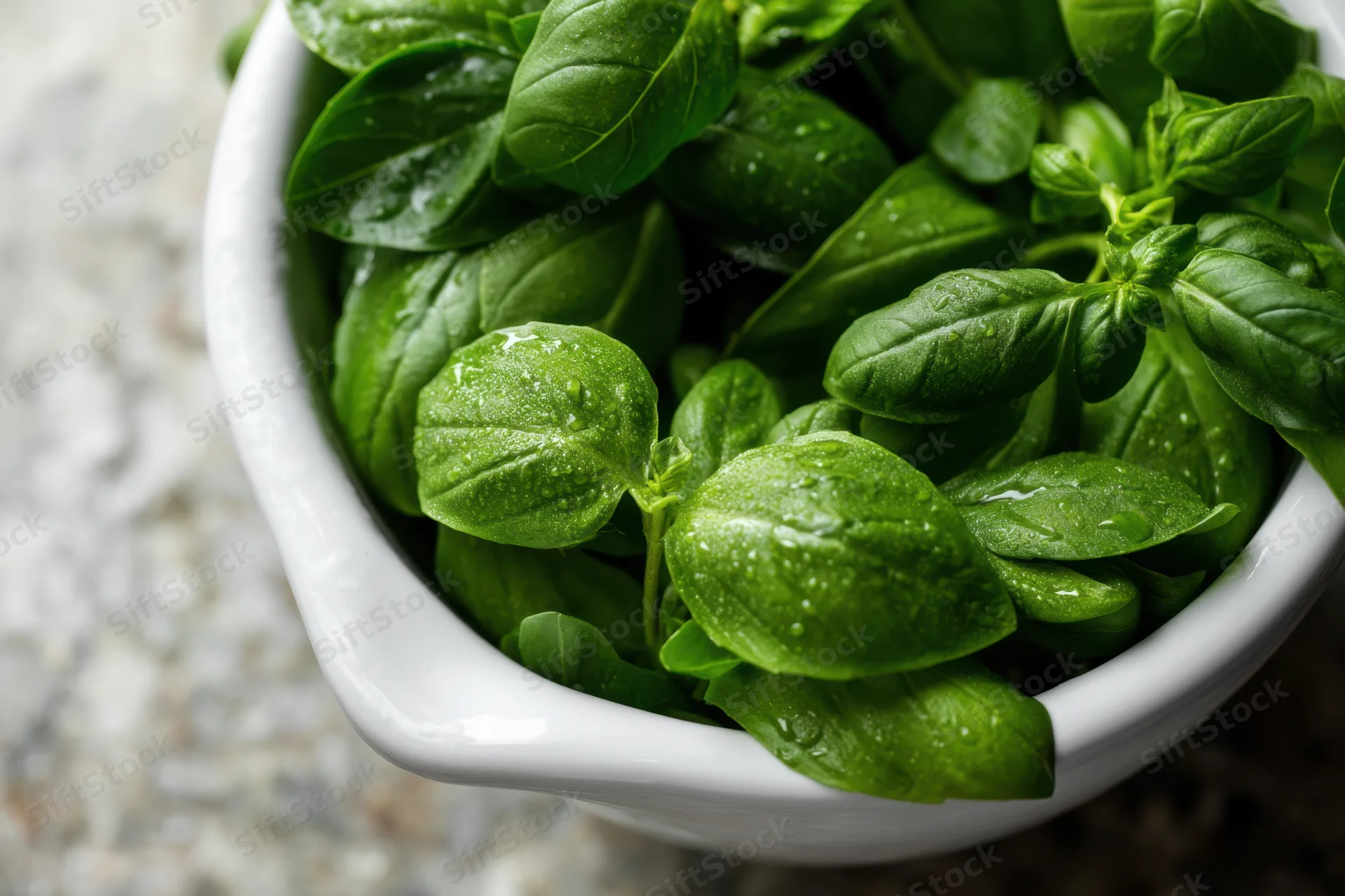 Fresh basil leaves in a white ceramic mortar on a stone surface