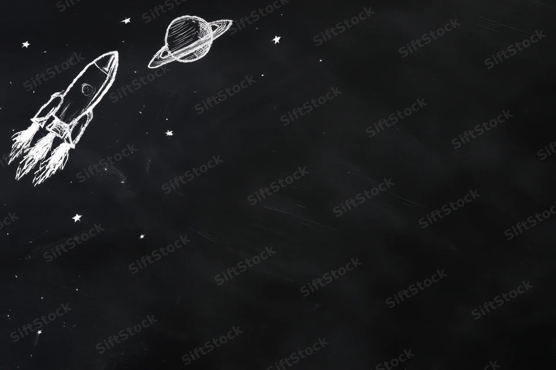 Rocket ship flying toward saturn on a chalkboard illustration with stars and copyspace