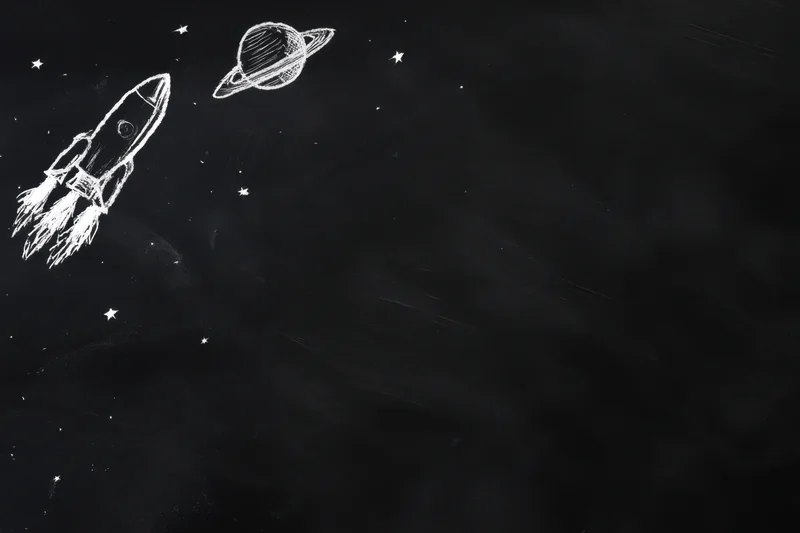 Rocket ship flying toward saturn on a chalkboard illustration with stars and copyspace
