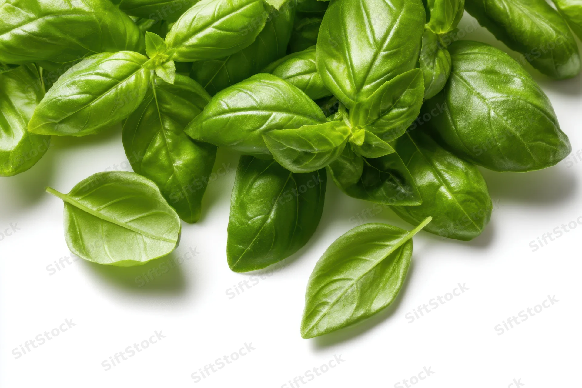 Fresh basil leaves arranged on a white surface with copyspace