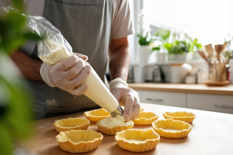 Piping cream into tartlets in a home kitchen with a baker