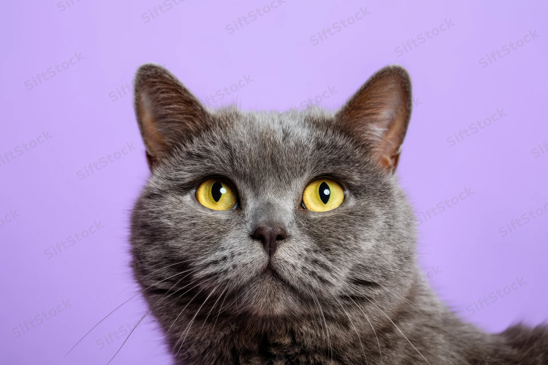 Gray british shorthair cat with yellow eyes looking up against purple background