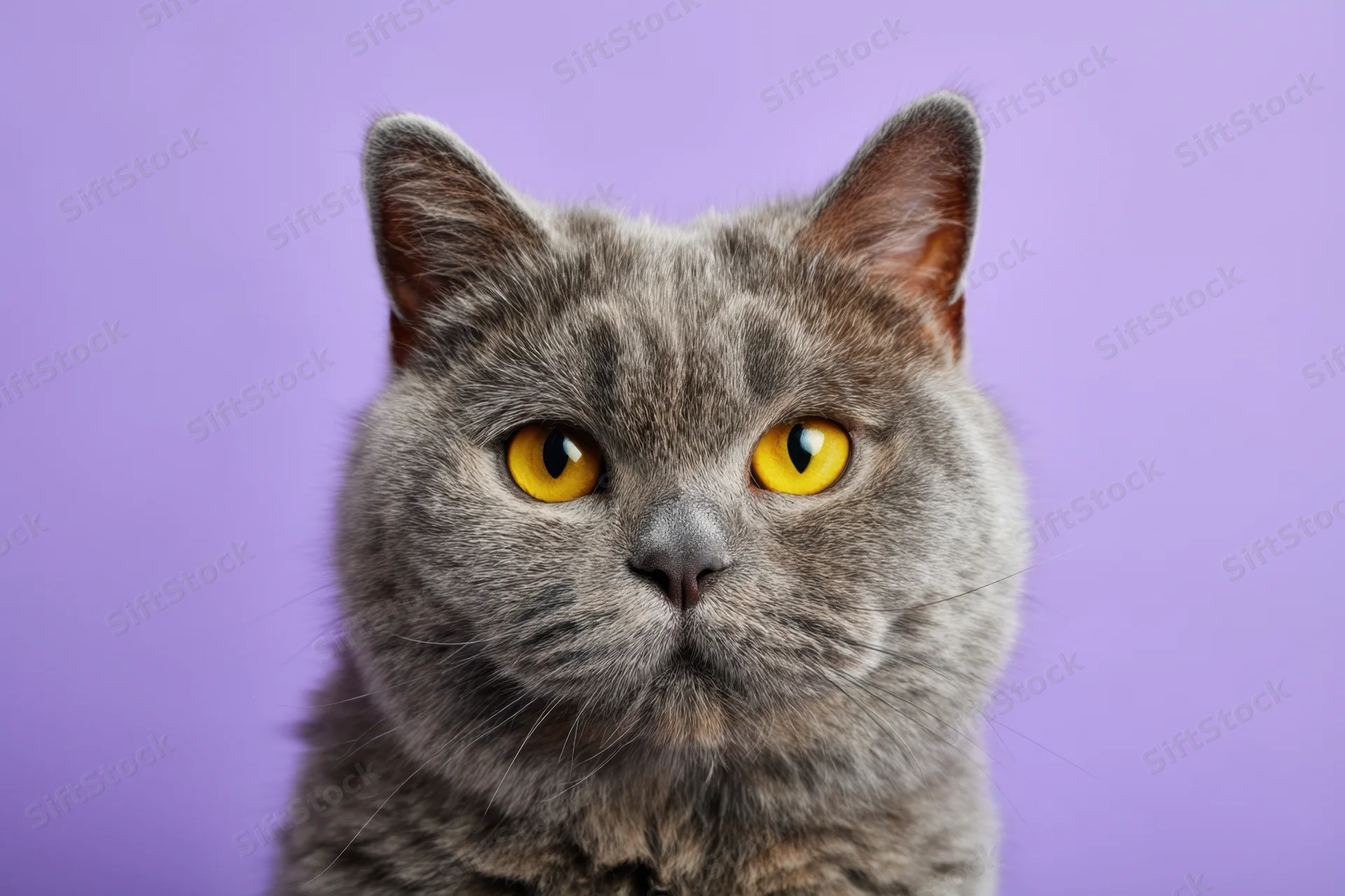British shorthair cat with gray plush coat and yellow eyes looking directly at camera against purple background