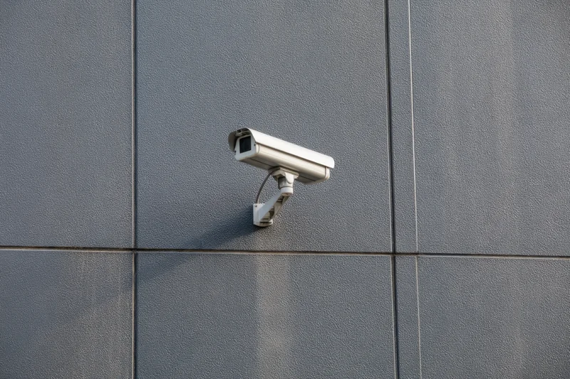 Cctv camera mounted on textured dark gray wall exterior