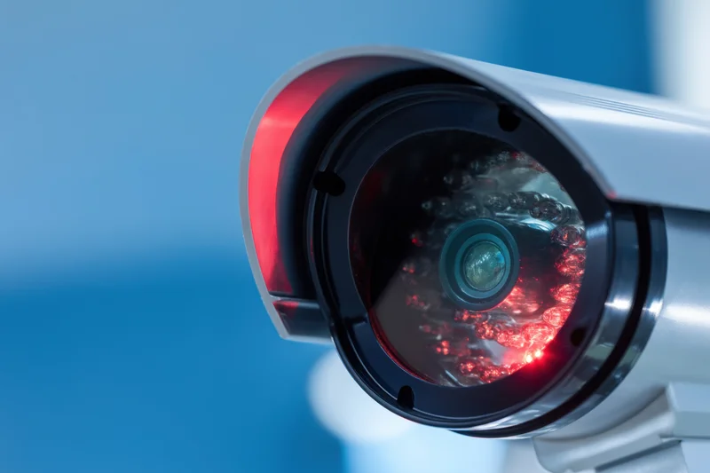 Close-up of a glossy silver cctv camera with red infrared leds and clear lens against a blue background