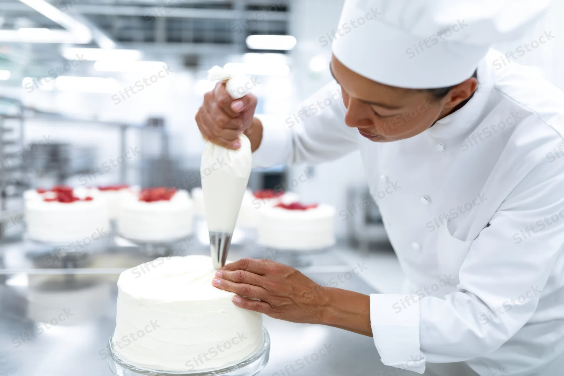 Baker decorating a white frosted cake with piping bag in professional kitchen
