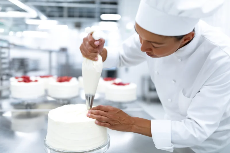 Baker decorating a white frosted cake with piping bag in professional kitchen