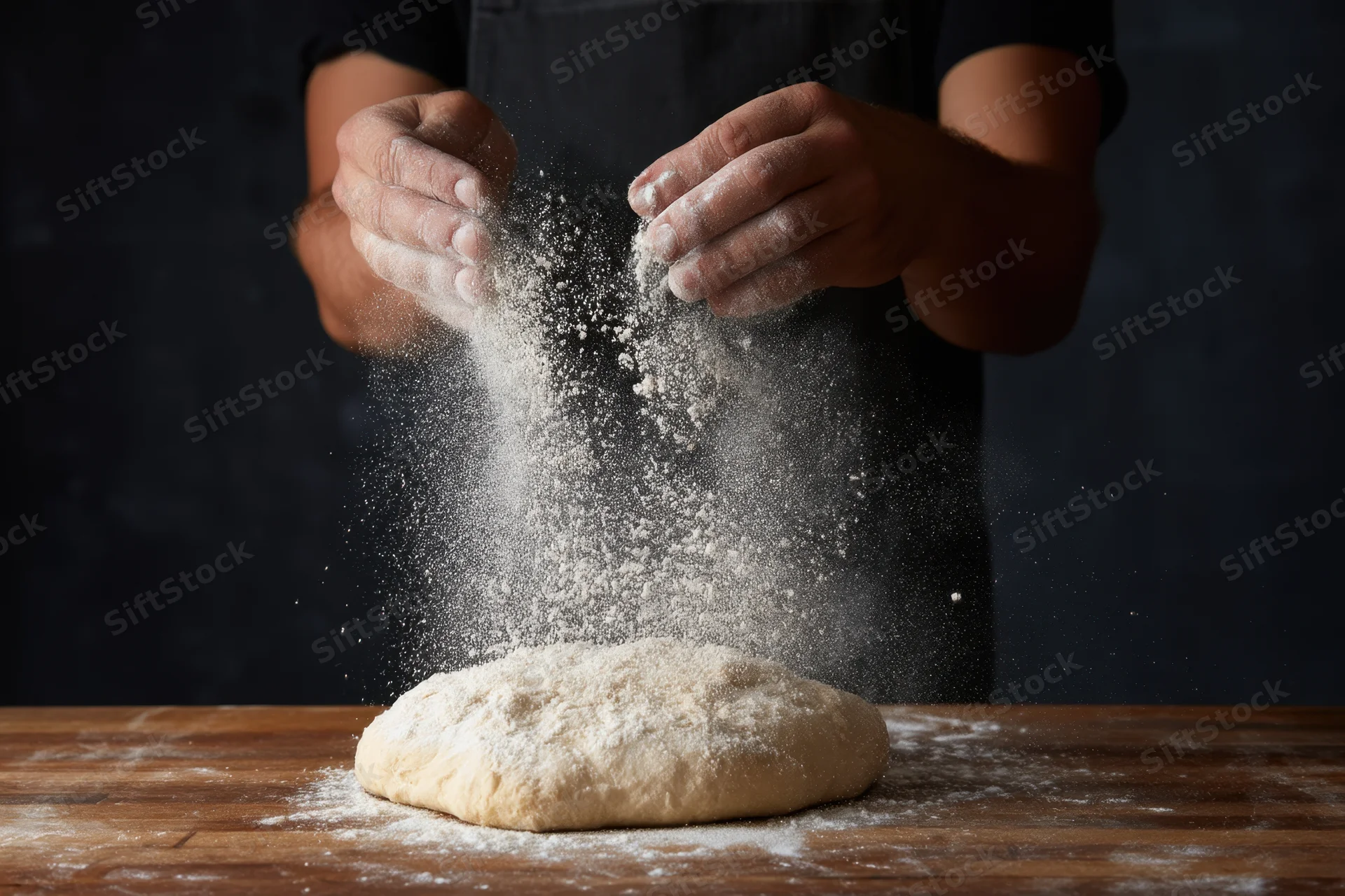 Baker's hands dusting flour over kneaded dough on wooden table