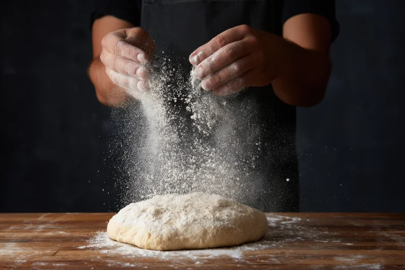 Baker's hands dusting flour over kneaded dough on wooden table