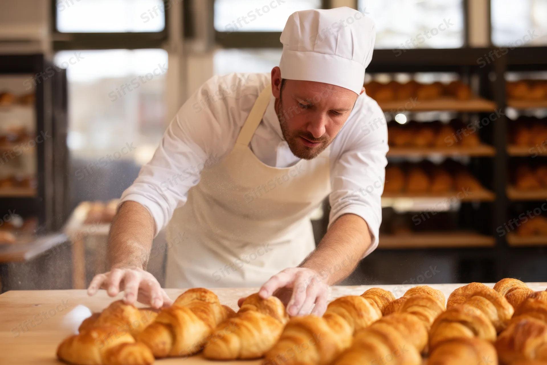 Male baker arranging golden croissants on wooden table in bakery kitchen