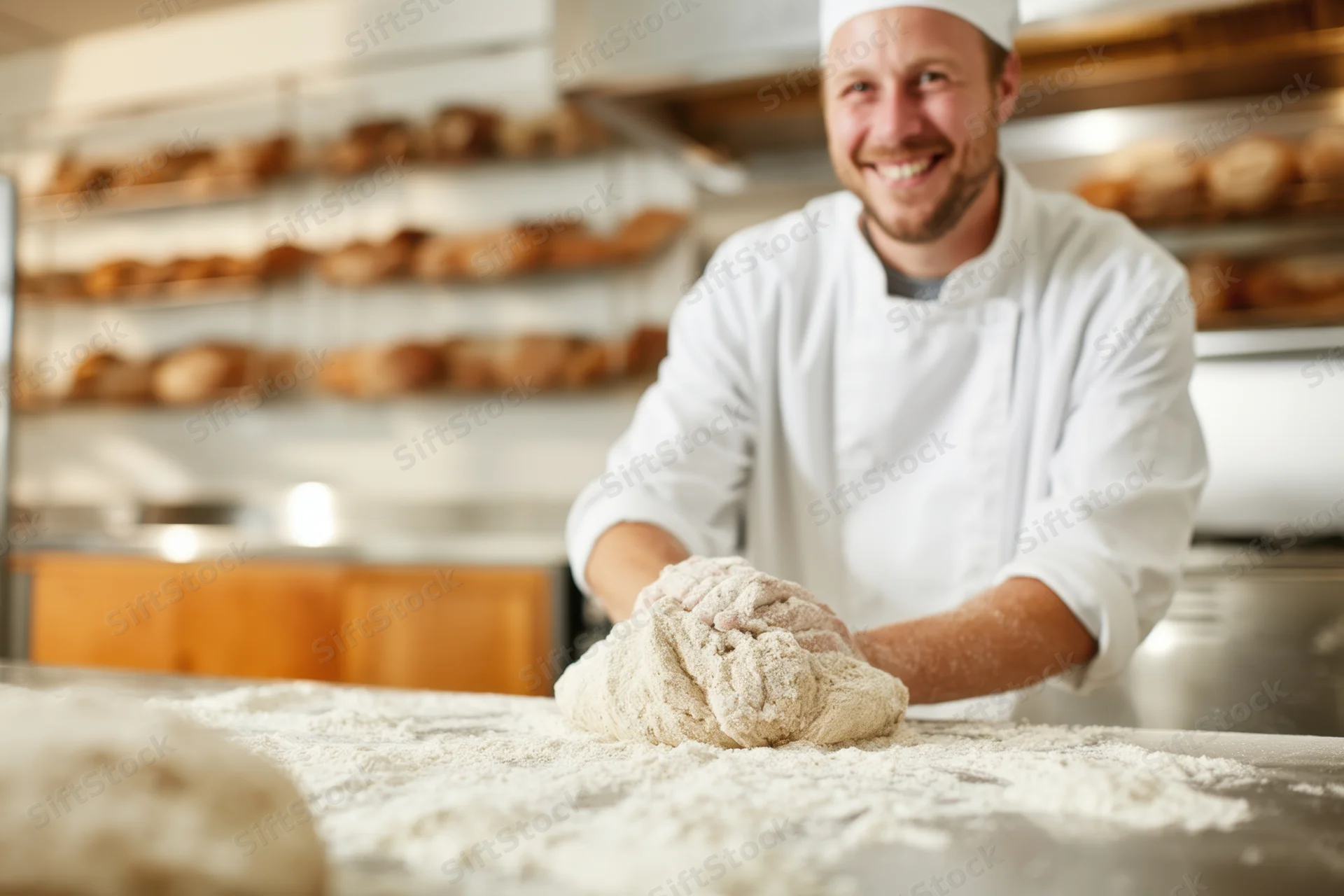 Smiling male baker kneading dough on floured table in bakery kitchen