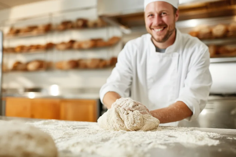 Smiling male baker kneading dough on floured table in bakery kitchen