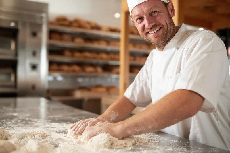 Smiling male baker kneading dough on a floured countertop in a bakery kitchen