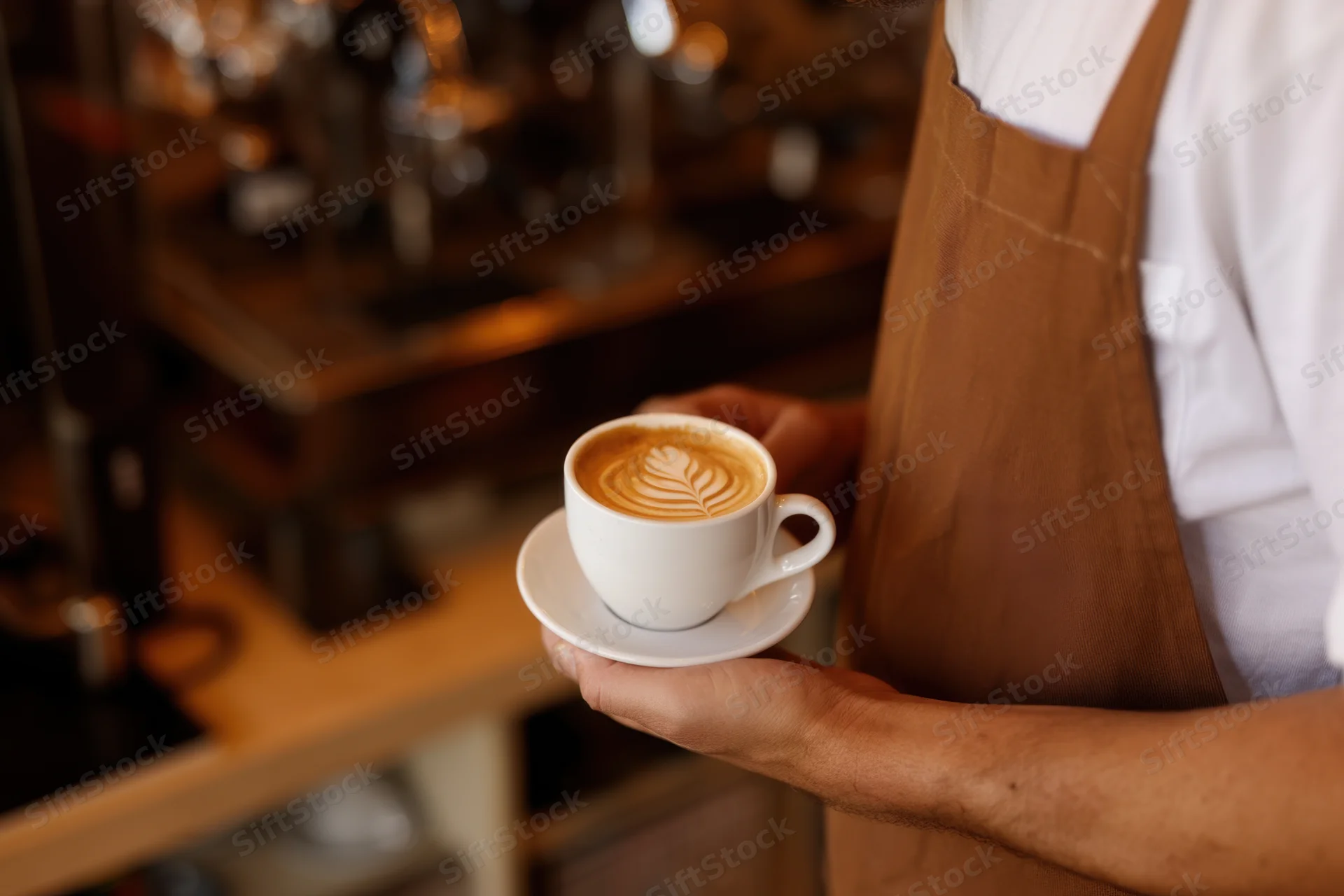 Barista holding a latte art coffee in a white ceramic cup at a cafe counter