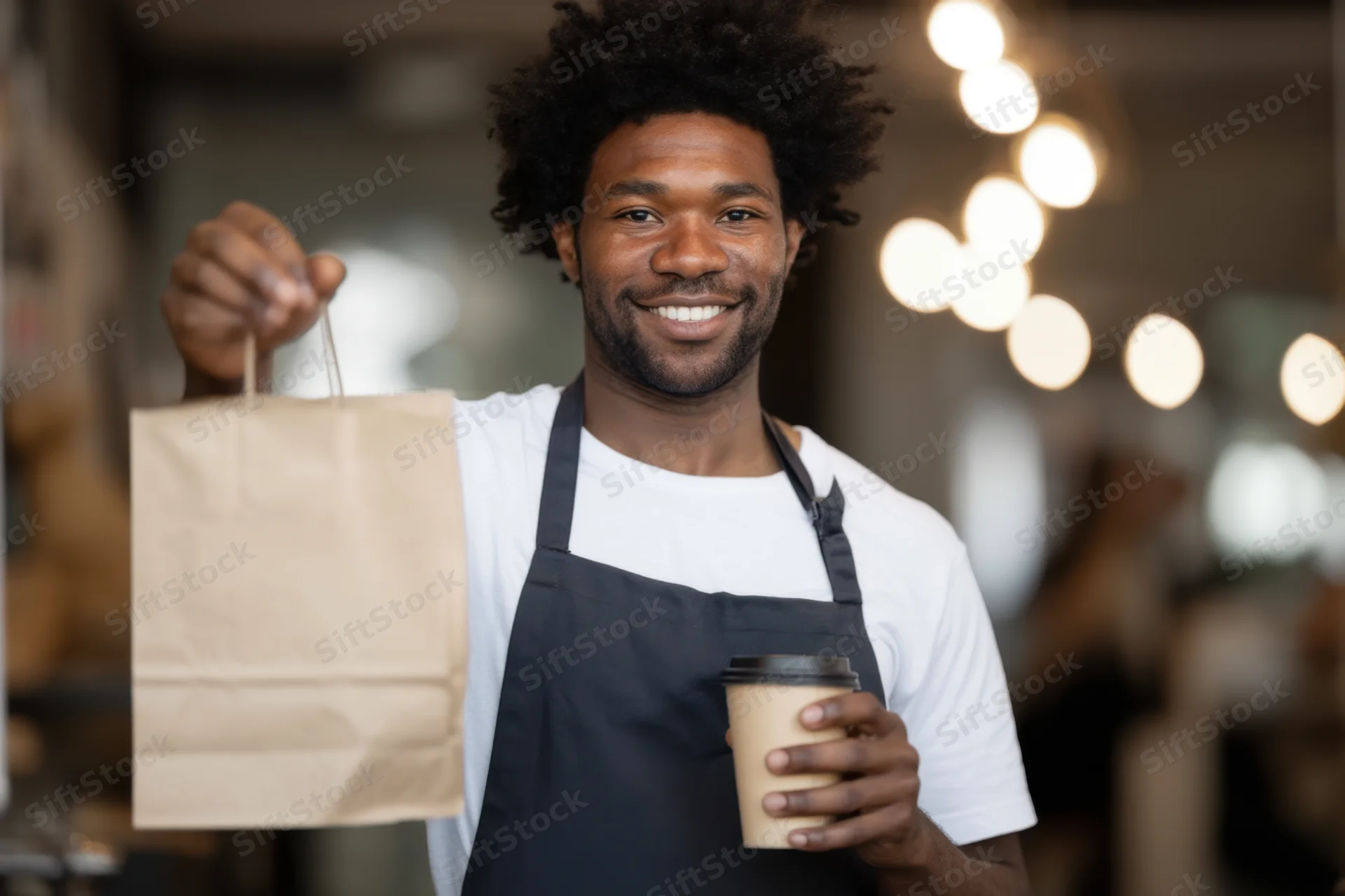 Smiling barista holding paper bag and takeout coffee cup in cafe interior