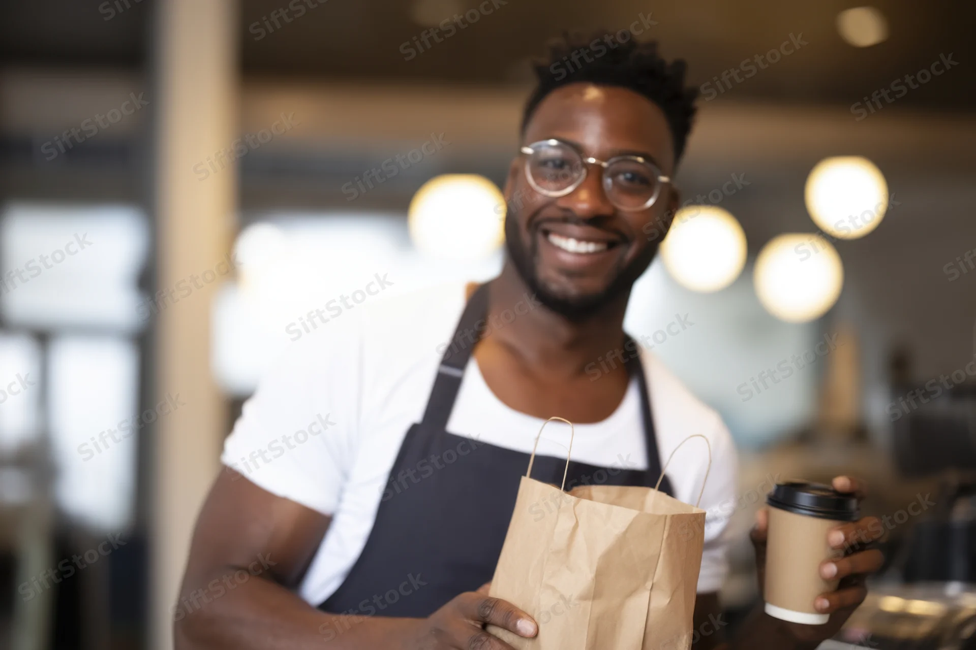Smiling black barista holding paper bag and takeout coffee cup in cafe