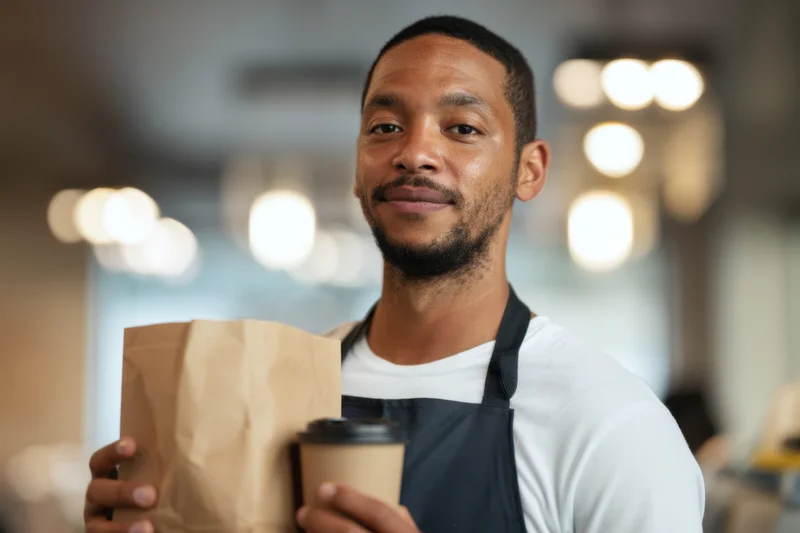 Barista holding paper bag and takeout coffee cup in cafe interior