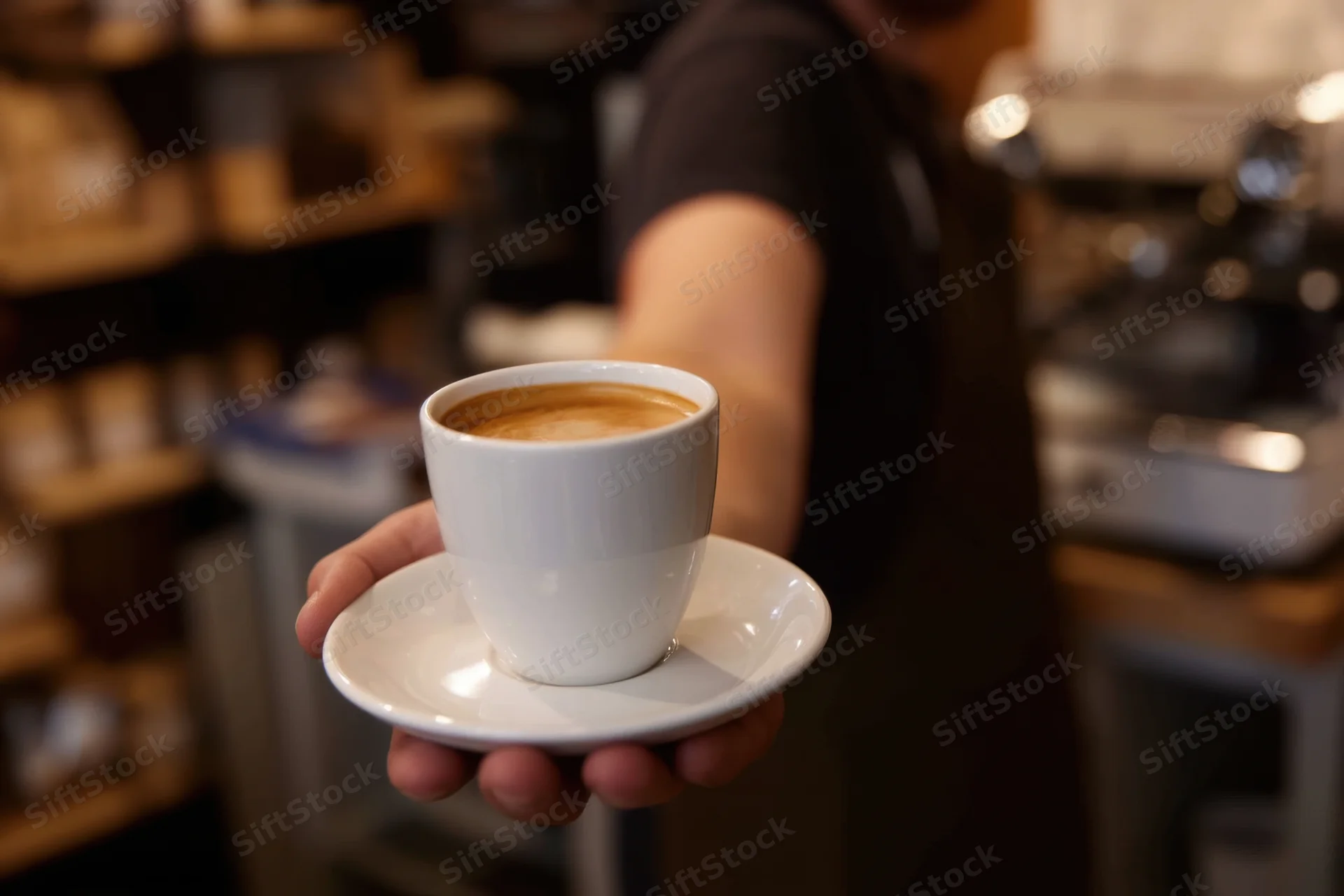 Barista holding white ceramic coffee cup on saucer in cafe interior