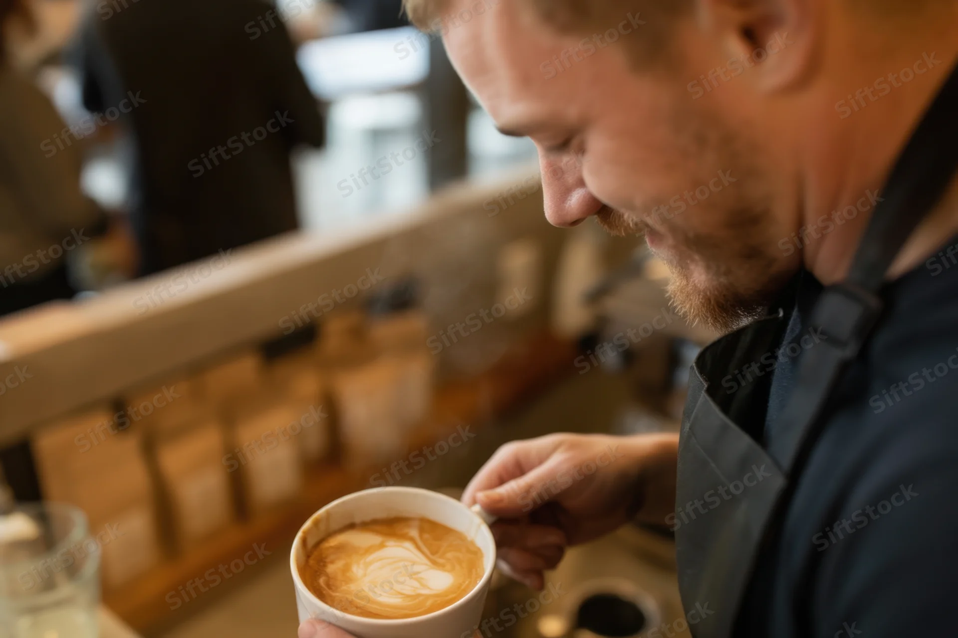 Barista pouring steamed milk into a latte cup at a coffee shop counter