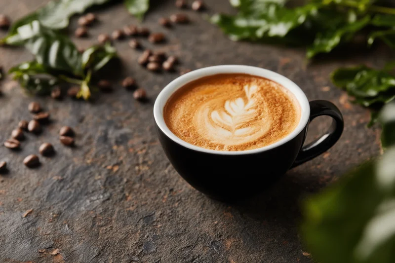 Latte art in a black ceramic cup with leaf design on textured stone surface surrounded by coffee beans and green leaves