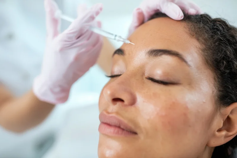 Woman receiving facial injection in medical spa setting with eyes closed