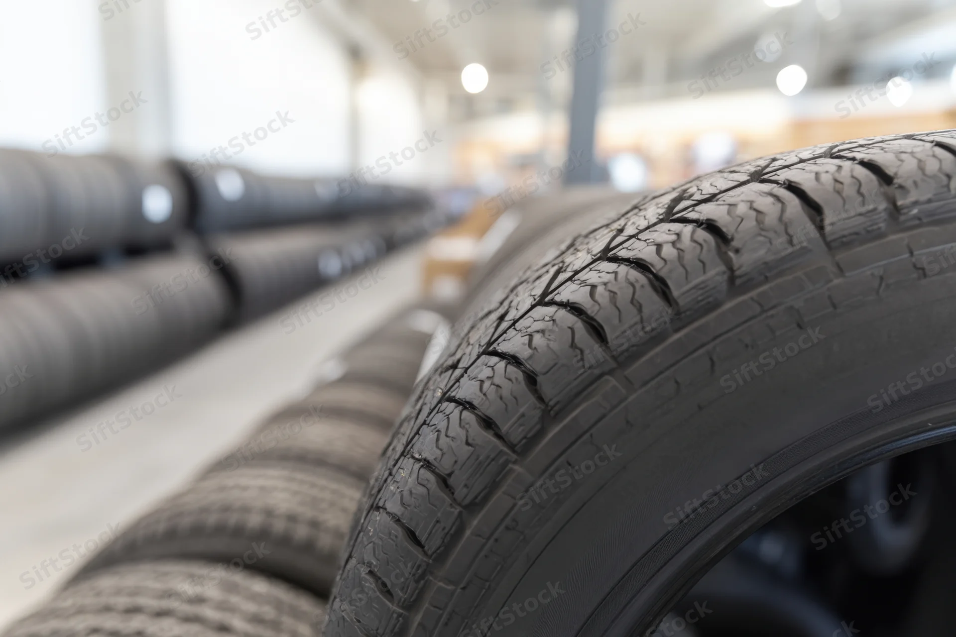 Black tire with detailed tread pattern in foreground, arranged in rows in a showroom or warehouse setting