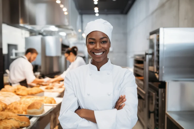 Smiling black female chef in white uniform with arms crossed in commercial bakery kitchen