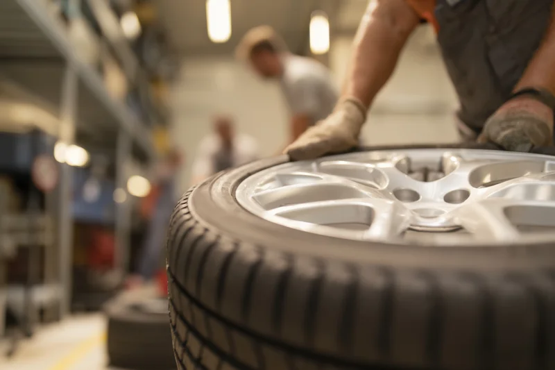 Closeup of a tire with alloy rim being handled by a mechanic in an automotive workshop